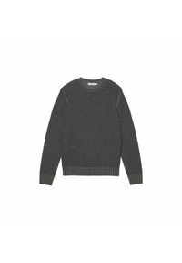 Pull en laine gris à col rond, texture côtelée aux poignets et à l'ourlet, présentant une couleur unie et un design épuré.