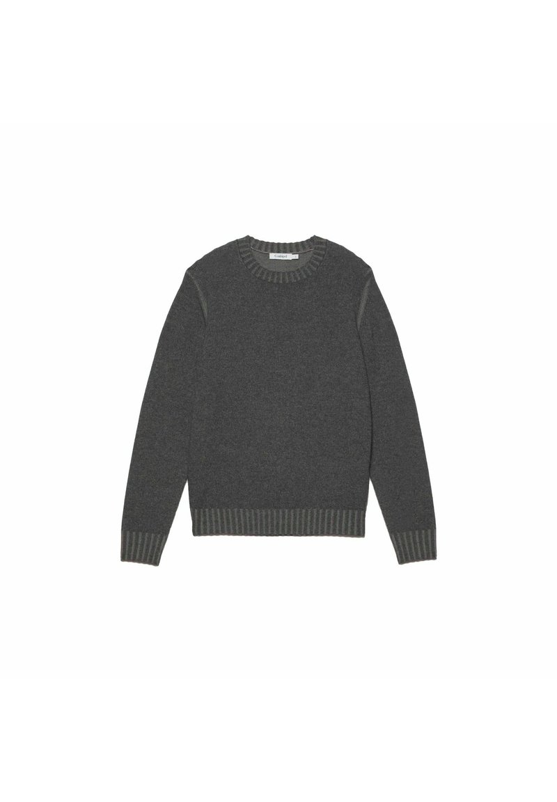 Pull en laine gris à col rond, texture côtelée aux poignets et à l'ourlet, présentant une couleur unie et un design épuré.