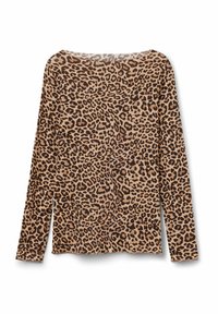 Langærmet top i leopardmønster i beige og brune nuancer, med en bred halsudskæring og blød tekstur samt slids ved kanten.