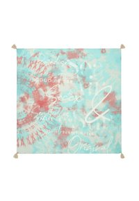 Lightweight fabric scarf featuring a blue and pink tie-dye pattern. White text with phrases is scattered throughout, and tassels adorn two corners.