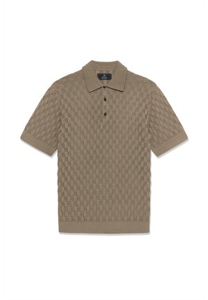 Béžové polo tričko s krátkym rukávom s textúrovaným vzorom károvaného úpletu a tromi gombíkmi na légach.