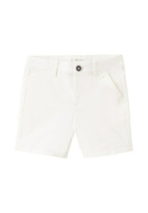 Beli bombažni kratke hlače z žepi spredaj, zankami za pas in temnim gumbom za zapiranje na pasu.
