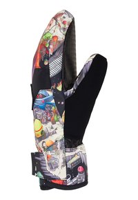 Bunte, gemusterte Handschuhe mit einer Mischung aus Grafiken. Besitzen eine schwarze, strukturierte Handfläche und einen sicheren, verstellbaren Riemen für eine enge Passform.