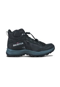 Czarne buty trekkingowe z siateczkową cholewką, gumową podeszwą i konstrukcją typu mid-top. Posiadają system sznurowania oraz branding z boku.