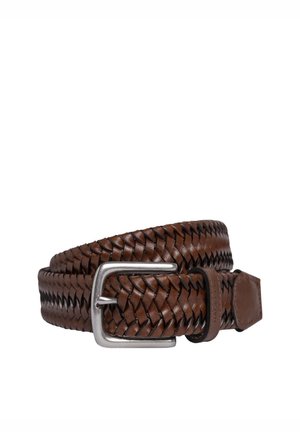 Brown woven leather belt featuring a silver metal buckle, with a smooth texture and a squared-off end.