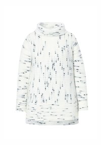 Weißer Pullover mit hohem Kragen, der ein strukturiertes Strickdesign und dunkelblaue Sprenkel aufweist. Lange Ärmel und gerader Saum.