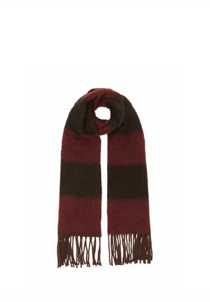Long, soft scarf with wide horizontal dark brown and burgundy stripes and fringed ends, folded in a loop.