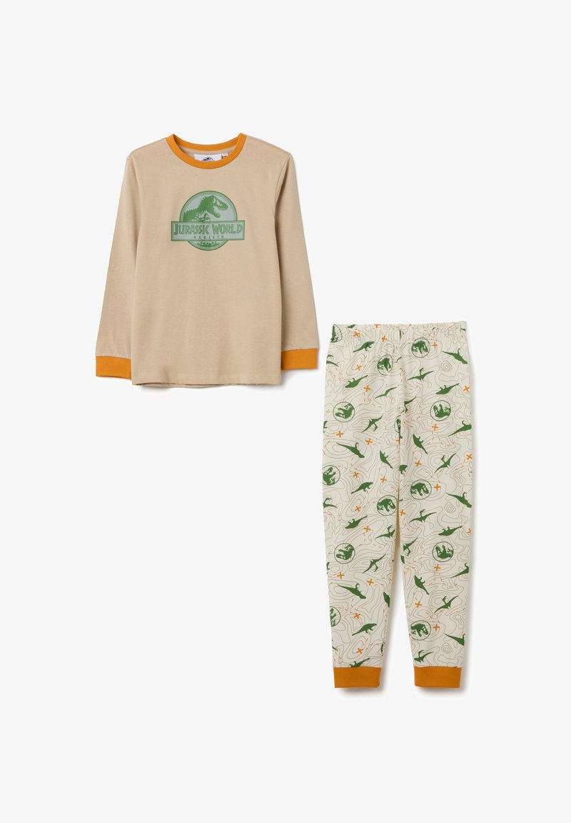 Beige Langarmshirt mit orangefarbenen Bündchen und einem grünen Dinosaurier-Logo; passende Schlafanzughose mit einem cremefarbenen Hintergrund, der Dinosaurier- und Kartenmuster zeigt.