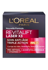 Boîte de crème anti-âge L'Oréal Revitalift Laser X3, bleu foncé avec des accents dorés et rouges, présentant un texte détaillant les ingrédients et les bienfaits.