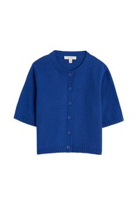 Blue knitted cardigan with short sleeves, round neckline, and textured ribbed edges. Features a full button closure down the front.