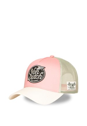 Gorra trucker rosa y beige Von Dutch con visera blanca curvada, parte trasera de malla y parche con logo en la parte delantera y lateral.