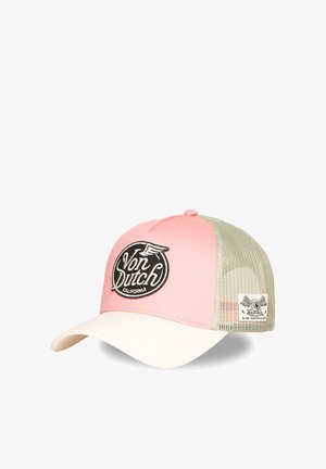 Gorra trucker rosa y beige Von Dutch con visera blanca curvada, parte trasera de malla y parche con logo en la parte delantera y lateral.