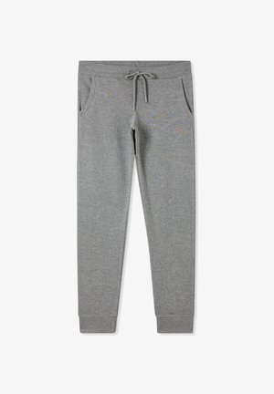 Szare bawełniane dresy z elastycznym pasem ze sznurkiem, bocznymi kieszeniami i zwężanymi mankietami. Gładka tekstura i casualowy design.