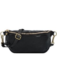 Borsa a tracolla in pelle nera con chiusura a zip, tracolla regolabile e dettagli in hardware dorato. Design compatto e di forma ovale.