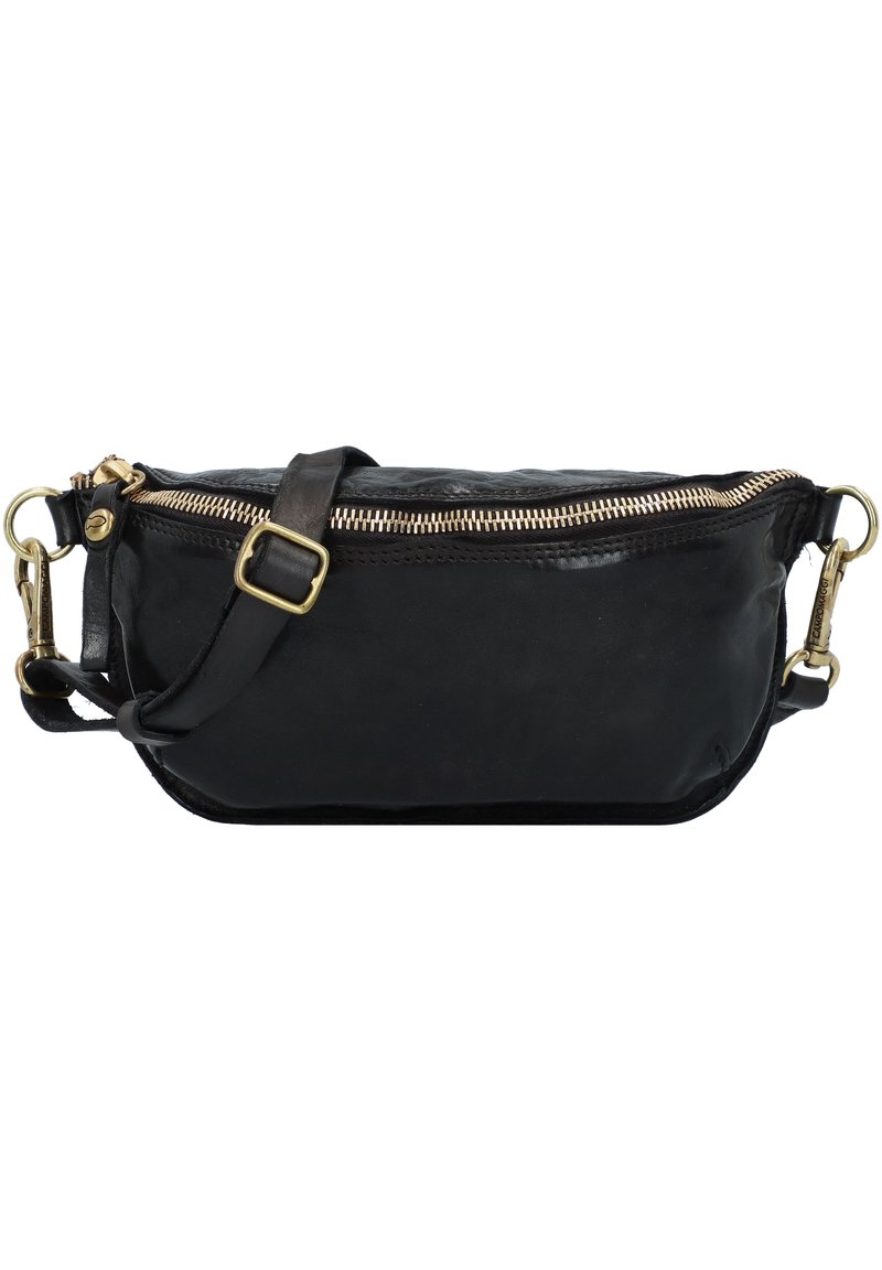 Borsa a tracolla in pelle nera con chiusura a zip, tracolla regolabile e dettagli in hardware dorato. Design compatto e di forma ovale.