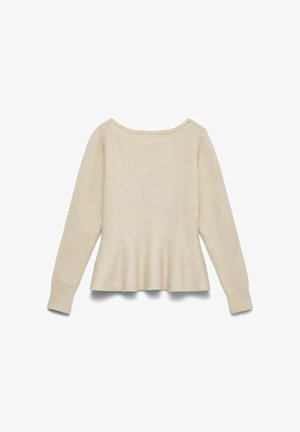 Pull beige en maille à manches longues avec encolure bateau et poignets côtelés, posé à plat sur un fond blanc.