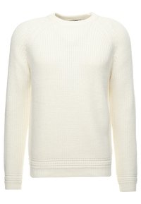 Valkoinen neulottu villatakki, jossa on pyöreä pääntie, raglan-hihat ja ribbitekstejä kauluksessa, hihoissa ja helmassa. Rakenteellinen, pehmeä kangas.