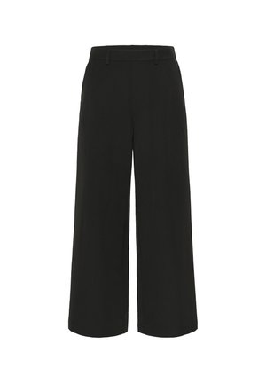 Plati juodos kelnės, pagamintos iš lygios medžiagos, su pritaikytu liemeniu ir be matomų kišenių, suteikiančios švarią siluetą.