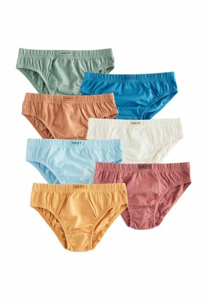 Sæt af syv bomuldsboxershorts i forskellige farver: grøn, blå, hvid, lys blå, orange, gul og burgunder. Har en logo-talje.