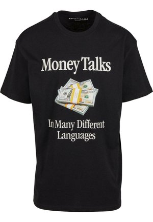 Black cotton t-shirt featuring white text "Money Talks" and an illustration of bundled cash. Short sleeves and crew neckline.