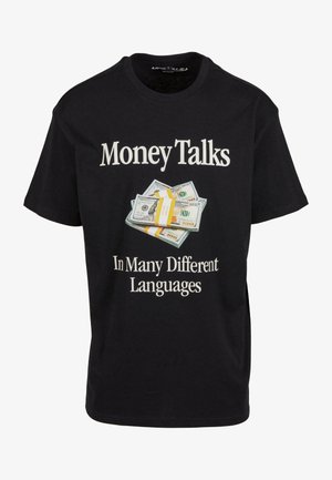 T-shirt en coton noir avec le texte blanc "L'argent parle" et une illustration de billets de banque regroupés. Manches courtes et encolure ras du cou.