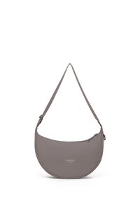 Geantă gri în formă de semilună, de purtat peste umăr, cu curea reglabilă și fermoar superior, având logo-ul „Larkson Hamburg” pe partea din față.