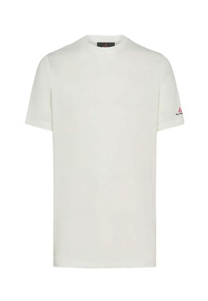 T-shirt blanc uni à manches courtes et col rond, avec un petit logo rouge sur la manche gauche et sans autre motif ou dessin visible.