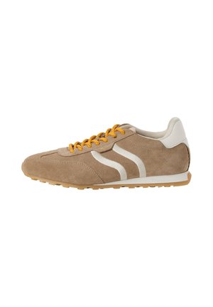 Brown suede sneaker with white side stripes, white heel tab, yellow laces, and gum rubber sole, shown from the outer side.