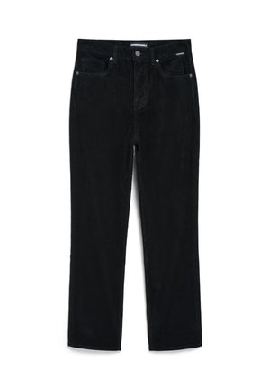 Zwarte corduroy broek met een recht model, voorzien van een vijf-pocket stijl, een knoopsluiting aan de voorkant en een gestructureerd ribbelpatroon.
