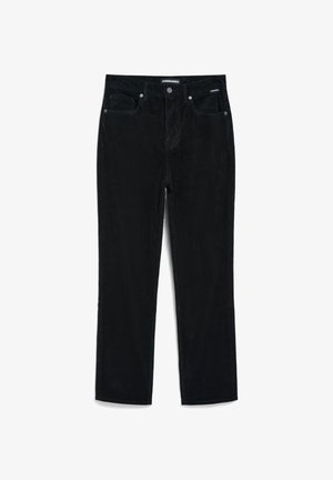 Schwarze Cordhosen mit geradem Bein-design, ausgestattet mit einem Fünf-Taschen-Stil, einem Frontknopfverschluss und einem strukturierten Rippmuster.