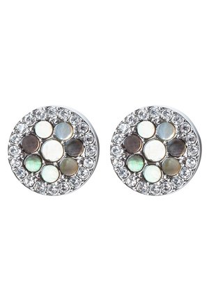 Boucles d'oreilles rondes en argent avec un groupe central de pierres iridescentes entouré d'une bordure de cristaux clairs étincelants.