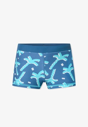 Blaue Badeshorts aus einem dehnbaren Stoff mit einem Palmenmuster in Hellblau und Weiß, ausgestattet mit einem einfarbigen blauen Bund und Besatz.