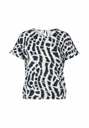 Short-sleeve white blouse with black irregular brushstroke pattern and a small keyhole button closure at the back neckline.