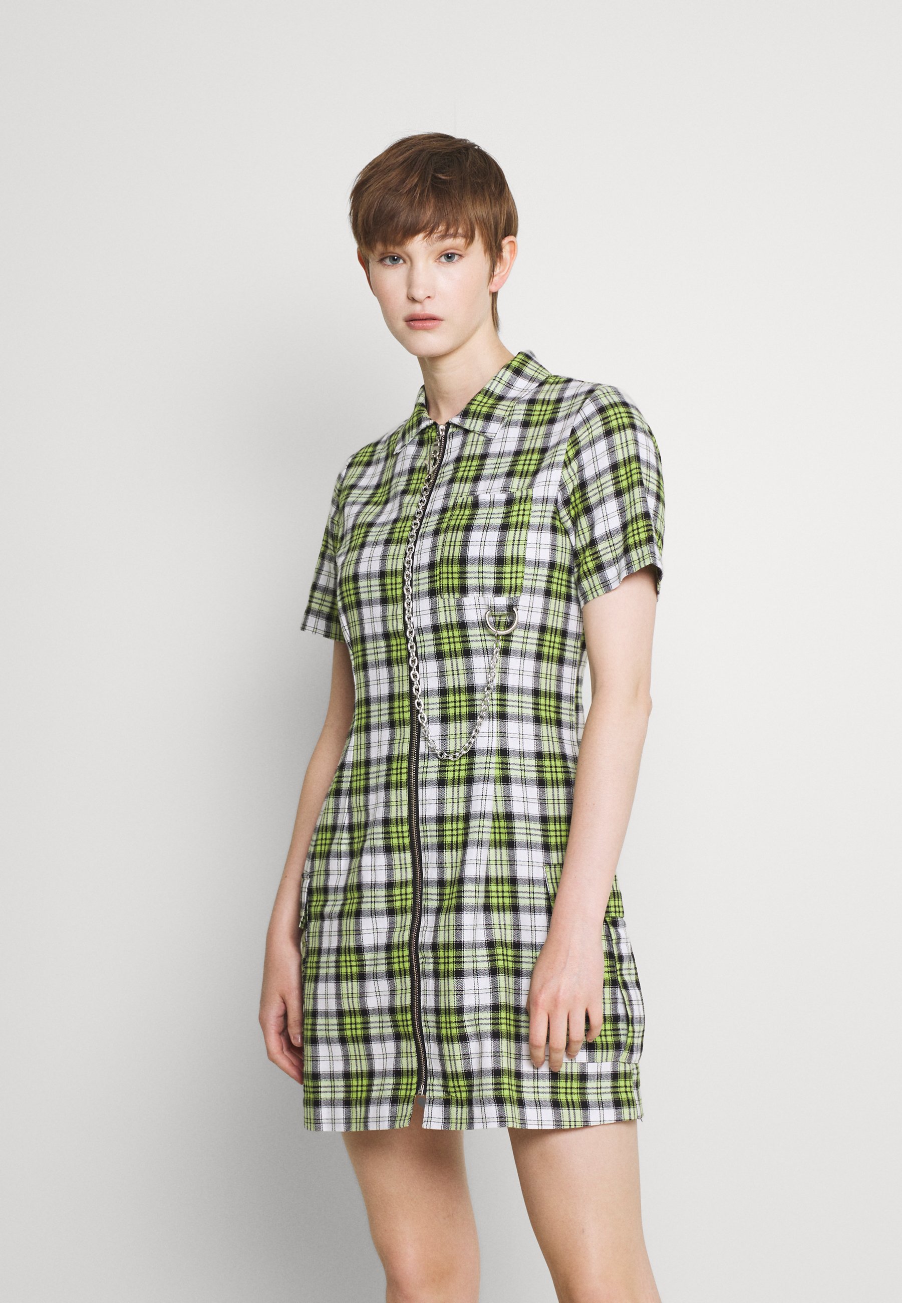 green and white checkered dress
