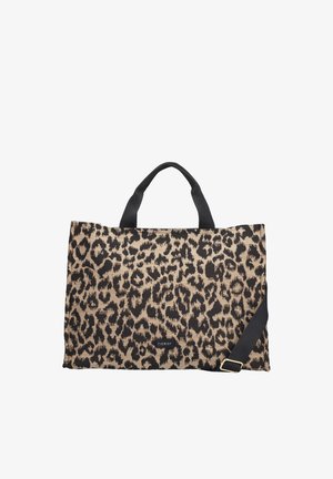 Sac fourre-tout rectangulaire à imprimé léopard avec poignées noires et bandoulière ajustable, muni d'une petite étiquette noire à l'avant.