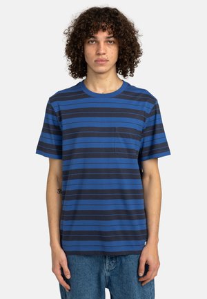 Blue and navy striped cotton t-shirt with short sleeves, crew neckline, and a small chest pocket. Relaxed fit.