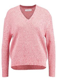 Maglione rosa lavorato a maglia con scollo a V, dotato di maniche lunghe e una vestibilità rilassata. La texture è lavorata con una finitura sottile e pattern.