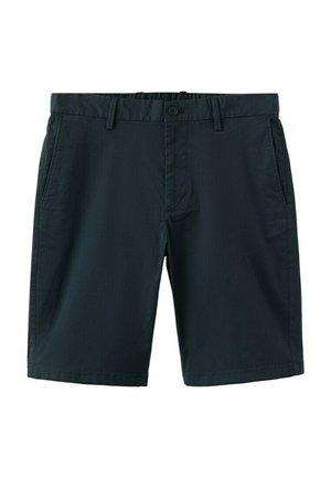 Pantalones cortos casuales para hombre en azul marino oscuro con trabillas para cinturón, cierre de botón y bolsillos laterales delanteros.