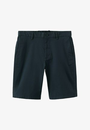 Shorts décontractés pour hommes de couleur bleu marine foncé avec passants pour ceinture, fermeture par bouton et poches latérales avant.