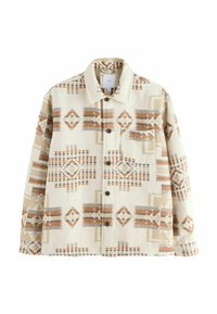 Beige mönstrad jacka med geometriska mönster i orange, brunt och grått. Har en knappstängning fram och en klassisk krage. Mjuk tygkänsla.