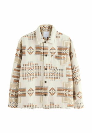Beige gemusterte Jacke mit geometrischen Designs in Orange, Braun und Grau. Verfügt über eine durchgeknöpfte Front und einen klassischen Kragen. Weicher Stofftextur.