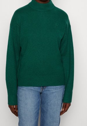 Persona che indossa un maglione a collo alto verde lavorato a maglia e jeans azzurri, in piedi davanti a uno sfondo neutro.