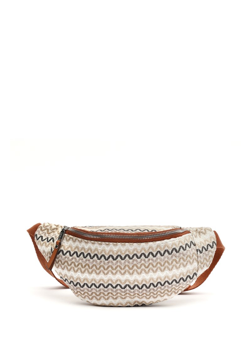 Teksturek fanny pack z belim, rjavim in črnim zigzag vzorcem ter rjavim tkaninastim poudarkom. Ima zadrgo.