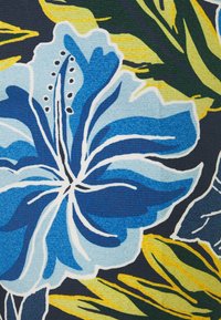 Grande fleur d'hibiscus bleue et blanche avec des étamines bleu foncé, entourée de feuilles tropicales jaunes et vertes sur un fond sombre.