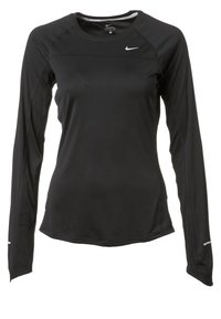 Maglietta sportiva nera a maniche lunghe realizzata in tessuto elasticizzato, con scollo rotondo, cuciture piatte e un piccolo logo sul petto.