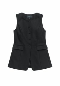 Svart ärmlös väst med skräddarsydd passform, med fem knappar fram, två externa fickor och ett slätt, strukturerat tyg.