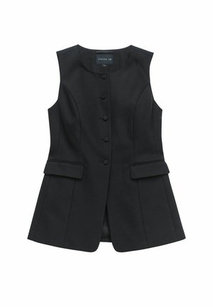 Zwarte mouwloze vest met een op maat gemaakte snit, voorzien van vijf knopen aan de voorkant, twee externe zakken en een soepele, gestructureerde stof.