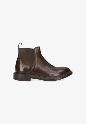 Brown leather Chelsea boot with a textured finish, elastic side panels, a pull tab, and a chunky black sole.