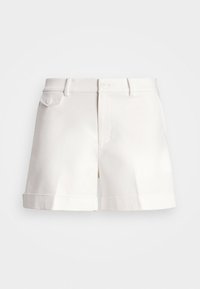 White shorts with a straight cut, featuring a single button closure, belt loops, and rolled cuffs. Smooth texture, casual design.