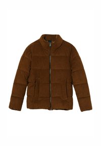 Giacca imbottita marrone con collo alto, dotata di chiusura frontale con zip e due tasche laterali. Texture morbida con motivo trapuntato.